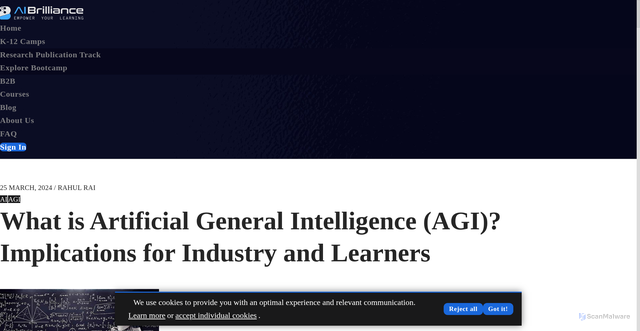 Security scan screenshot of https://www.aibrilliance.com/blog/what-is-artificial-general-intelligence-agi-implications-for-industry-and-learners