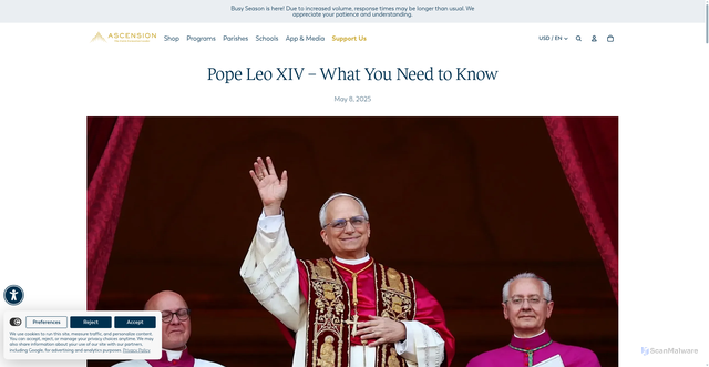 Security scan screenshot of https://ascensionpress.com/blogs/articles/pope-leo-xiv-what-you-need-to-know?srsltid=AU7gw4W5_UtsKltSWweLRctVLErZaCPldb8BEemwLjdv7eksC1G7P8qj