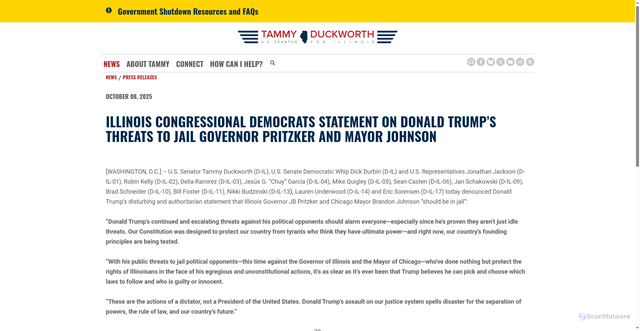 Security scan screenshot of https://www.duckworth.senate.gov/news/press-releases/illinois-congressional-democrats-statement-on-donald-trumps-threats-to-jail-governor-pritzker-and-mayor-johnson