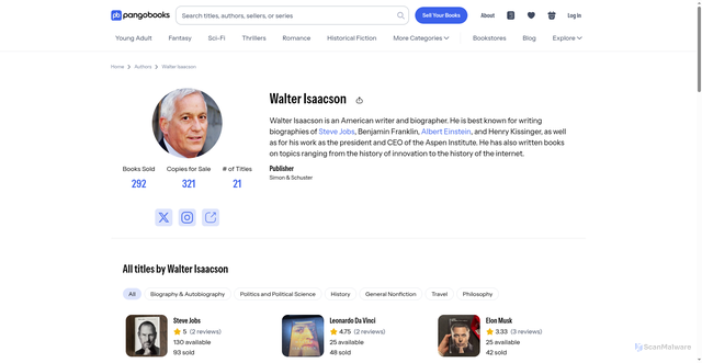 Security scan screenshot of https://pangobooks.com/author/walter-isaacson?srsltid=AfmBOooCZhgkabNCfY4I8ZBW-WAENsI4OgvG75SdcIN4qO5-O075bsk-