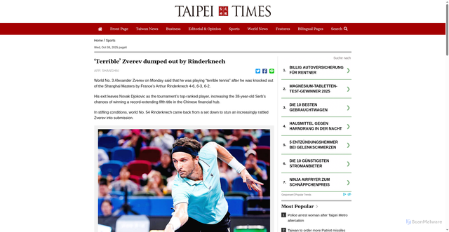 Security scan screenshot of https://www.taipeitimes.com/News/sport/archives/2025/10/08/2003845104