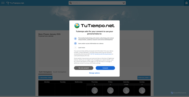 Security scan screenshot of https://en.tutiempo.net/moon/phases-january-2026.htm