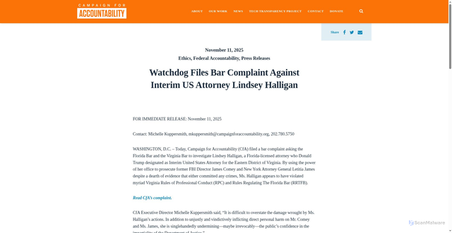 Security scan screenshot of https://campaignforaccountability.org/watchdog-files-bar-complaint-against-interim-us-attorney-lindsey-halligan/
