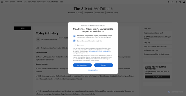 Security scan screenshot of https://advertiser-tribune.com/news/674591/today-in-history/