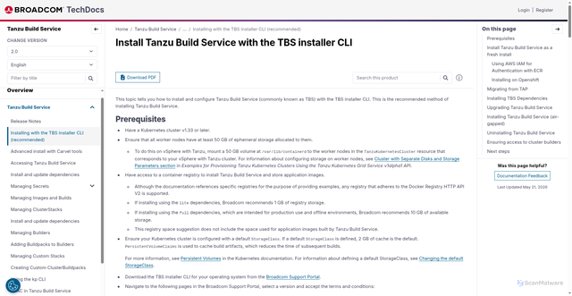 Security scan screenshot of https://techdocs.broadcom.com/us/en/vmware-tanzu/standalone-components/tanzu-build-service/2-0/vmware-tanzu-build-service/installing.html