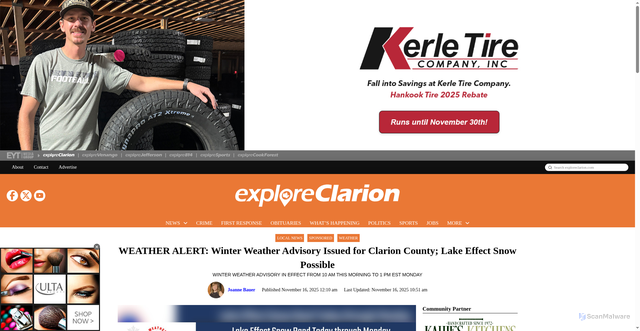 Security scan screenshot of https://www.exploreclarion.com/local/2025/11/16/weather-alert-winter-weather-advisory-issued-for-clarion-county-lake-effect-snow-predicted-857335/