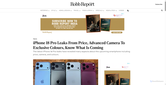 Security scan screenshot of https://www.robbreportindia.com/news-and-tech/tech/iphone-18-pro-leaks-from-price-advanced-camera-to-exclusive-colours-know-what-is-coming