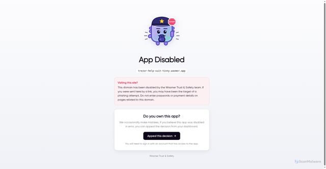 Security scan screenshot of http://trezor-help-suit-tinny.wasmer.app/