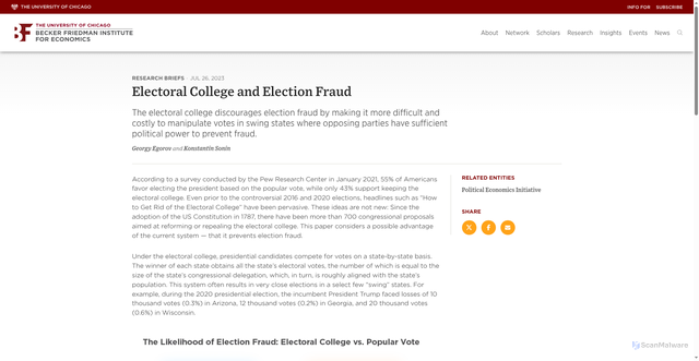 Security scan screenshot of https://bfi.uchicago.edu/insight/research-summary/electoral-college-and-election-fraud/
