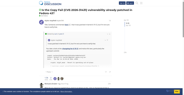 Security scan screenshot of https://discussion.fedoraproject.org/t/is-the-copy-fail-cve-2026-31431-vulnerability-already-patched-in-fedora-43/190016