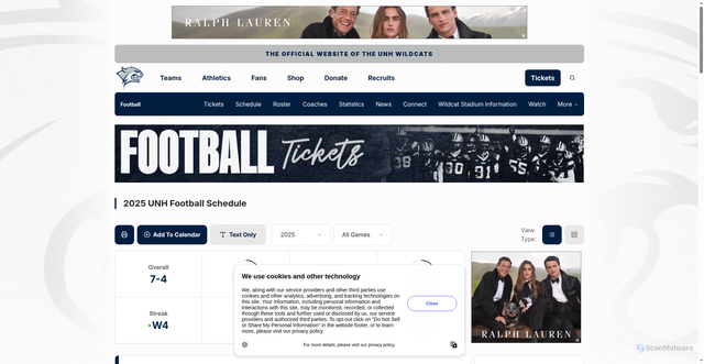 Security scan screenshot of https://unhwildcats.com/sports/football/schedule