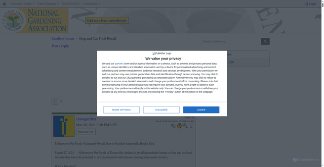 Security scan screenshot of https://garden.org/thread/view/145610/Dog-and-Cat-Food-Recall/
