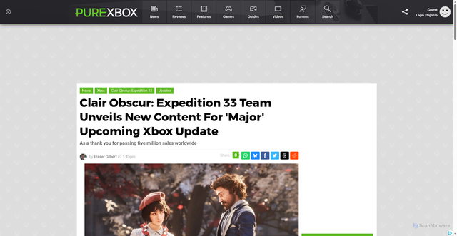 Security scan screenshot of https://www.purexbox.com/news/2025/10/clair-obscur-expedition-33-team-unveils-new-content-for-major-upcoming-xbox-update