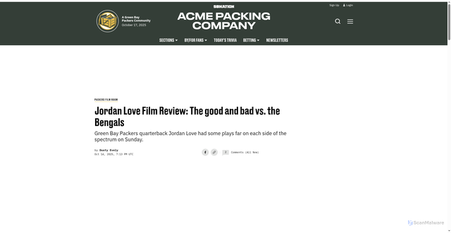 Security scan screenshot of https://www.acmepackingcompany.com/packers-film-room-tape-study/72545/jordan-love-film-review-the-good-and-bad-vs-the-bengals