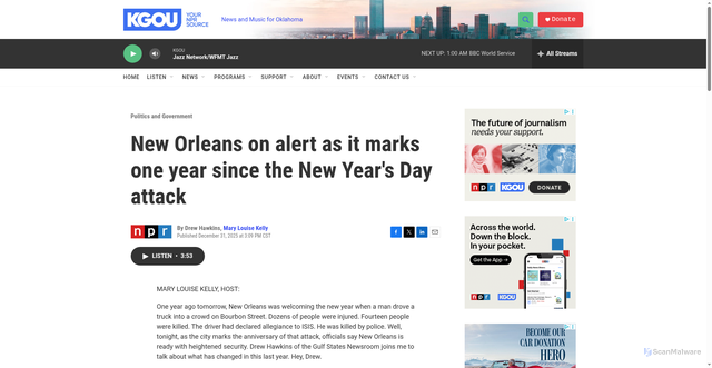 Security scan screenshot of https://www.kgou.org/politics-and-government/2025-12-31/new-orleans-on-alert-as-it-marks-one-year-since-the-new-years-day-attack