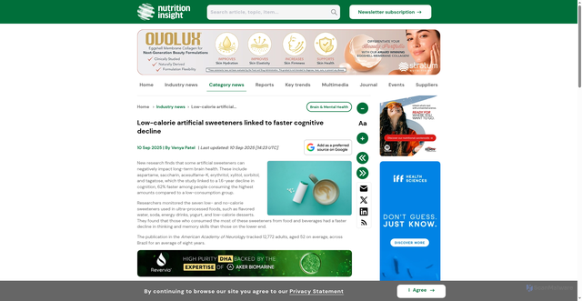 Security scan screenshot of https://www.nutritioninsight.com/news/low-calorie-artificial-sweetners-cognitive-decline.html