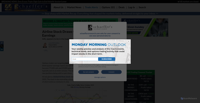 Security scan screenshot of https://www.schaeffersresearch.com/content/analysis/2025/10/08/airline-stock-draws-options-traders-ahead-of-earnings