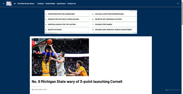 Security scan screenshot of https://www.markmosesshow.com/2025/12/28/no-9-michigan-state-wary-of-3-point-launching-cornell/