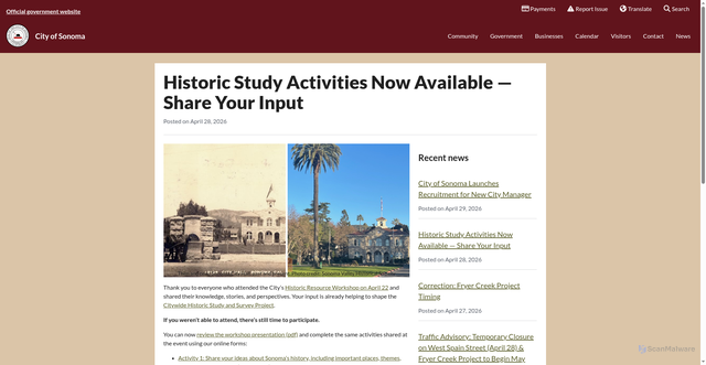 Security scan screenshot of https://www.sonomacity.org/historic-study-activities-now-available-share-your-input/