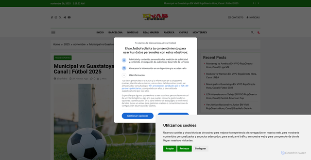 Security scan screenshot of https://www.elvar.futbol/2025/11/donde-ver-municipal-vs-guastatoya-en-vivo-en-directo-gratis-y-online-por-internet.html