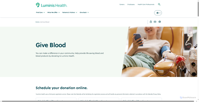 Security scan screenshot of https://www.luminishealth.org/en/give-blood?language_content_entity=en