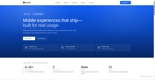 Security scan screenshot of https://pixelvise-website.pages.dev/expertise/mobile-applications/