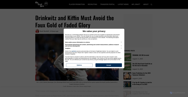 Security scan screenshot of https://mikefarrellsports.com/college/drinkwitz-and-kiffin-must-avoid-the-faux-gold-of-faded-glory/