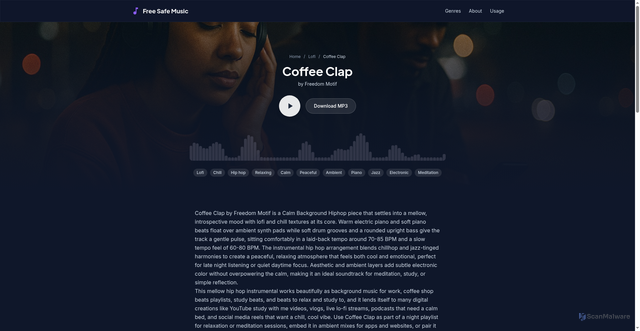 Security scan screenshot of https://freesafemusic.pages.dev/tracks/coffee-clap/