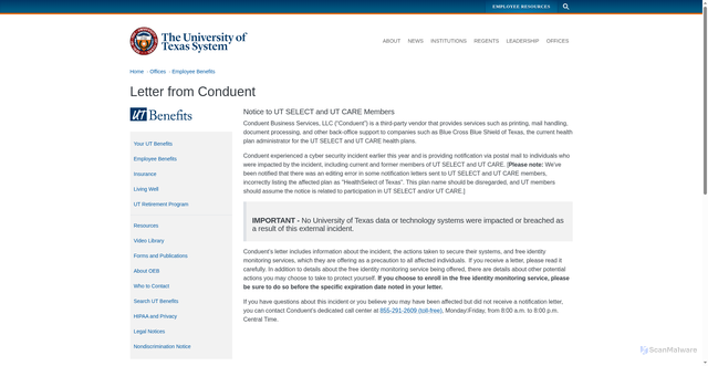Security scan screenshot of https://www.utsystem.edu/offices/employee-benefits/letter-conduent