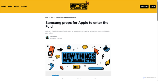 Security scan screenshot of https://thenewthings.com/p/samsung-preps-for-apple-to-enter-the-fold