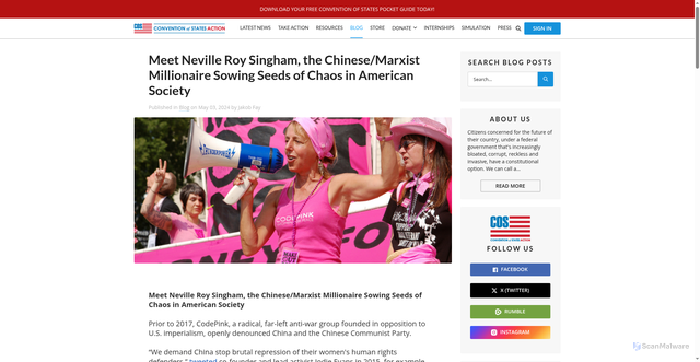 Security scan screenshot of https://conventionofstates.com/news/meet-neville-roy-singham-the-chinese-marxist-millionaire-sowing-seeds-of-chaos-in-american-society
