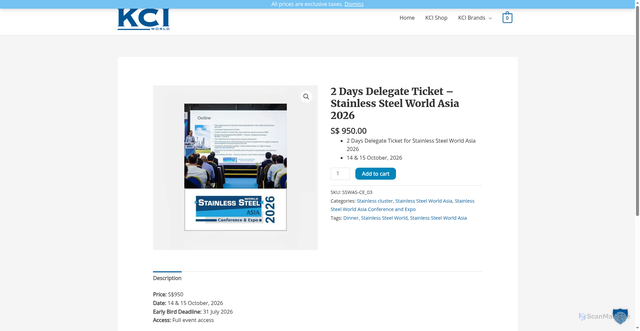 Security scan screenshot of https://kci-shop.com/shop/stainless-cluster/stainless-steel-world-asia/stainless-steel-world-asia-conference-and-expo/2-days-delegate-ticket-stainless-steel-world-asia-2026/?src_event=ssws