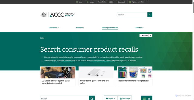 Security scan screenshot of https://www.productsafety.gov.au/recalls
