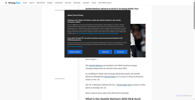 Security scan screenshot of https://www.kitsapsun.com/story/sports/mlb/mariners/2025/10/10/mariners-alcs-2025-schedule-blue-jays-matchup/86611323007/