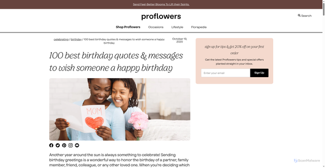 Security scan screenshot of https://www.proflowers.com/blog/happy-birthday-quotes