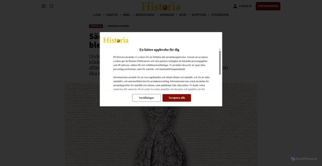 Security scan screenshot of https://varldenshistoria.se/samhalle/amerikas-historia/sackar-med-djurfoder-blev-hogsta-mode?utm_source=crm&utm_medium=email&utm_content=1081669_9018