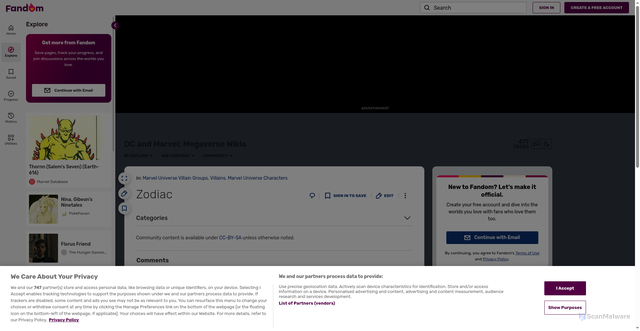 Security scan screenshot of https://dc-and-marvel-megaverse.fandom.com/wiki/Zodiac