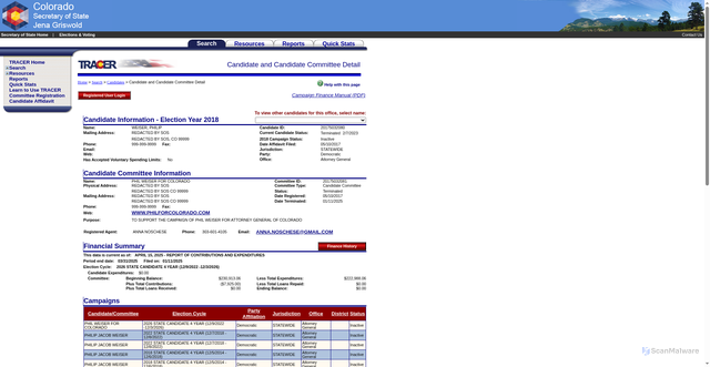 Security scan screenshot of https://tracer.sos.colorado.gov/PublicSite/SearchPages/CandidateDetail.aspx?SeqID=37337