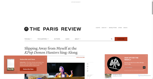 Security scan screenshot of https://www.theparisreview.org/blog/2025/10/10/slipping-away-from-myself-at-the-kpop-demon-hunters-sing-along/