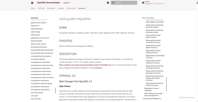 Security scan screenshot of https://docs.openssl.org/master/man7/ossl-guide-migration/