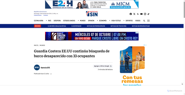 Security scan screenshot of https://noticiassin.com/guardia-costera-ee-uu-continua-busqueda-de-barco-desaparecido-con-33-ocupantes/