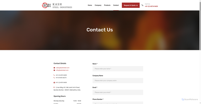 Security scan screenshot of https://kashsteel.com/contact.html