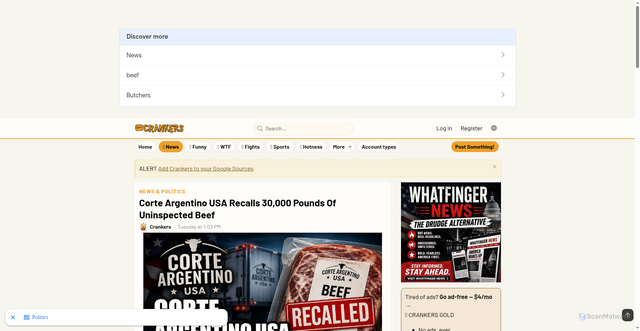 Security scan screenshot of https://crankers.com/threads/corte-argentino-usa-recalls-30-000-pounds-of-uninspected-beef.5530/?srsltid=AfmBOor8hlqFMgxeAGH7MkV_T57IeRxb6uEyCjYmC_08v6iM67A3xSJw