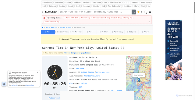 Security scan screenshot of https://time.now/new-york-city/