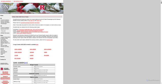 Security scan screenshot of http://climate.rutgers.edu/stateclim/?section=uscf&target=wint2425snowtotals