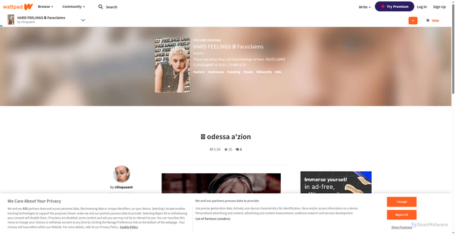 Security scan screenshot of https://www.wattpad.com/972044641-hard-feelings-%E2%8B%86-faceclaims-%E2%A4%B7-odessa-a%27zion