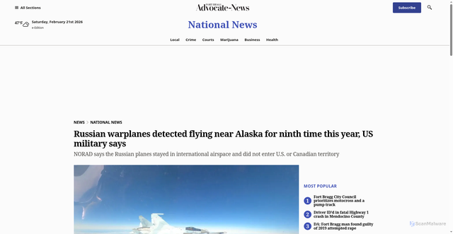 Security scan screenshot of https://www.advocate-news.com/2025/09/25/russian-warplanes-flying-near-alaska/