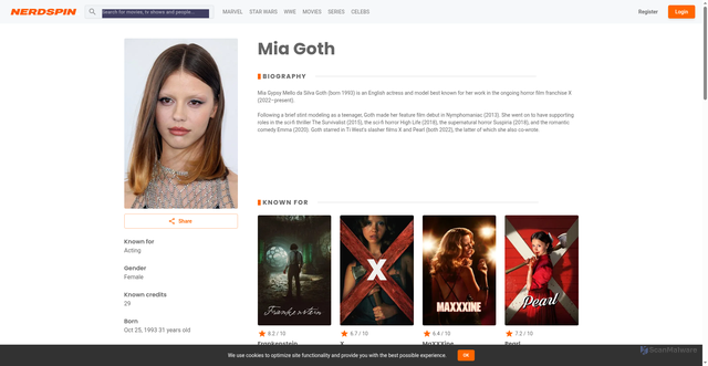 Security scan screenshot of https://nerdspin.com/db/people/29199/mia-goth
