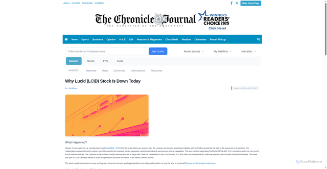 Security scan screenshot of http://markets.chroniclejournal.com/chroniclejournal/article/stockstory-2025-10-28-why-lucid-lcid-stock-is-down-today