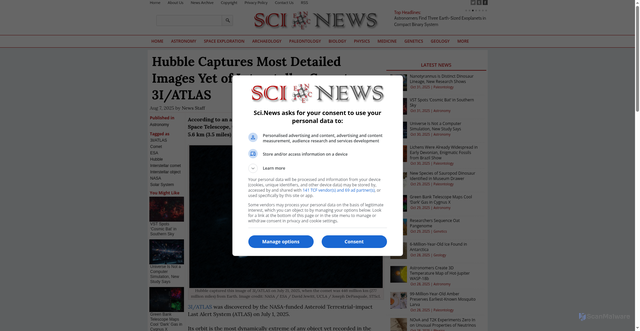Security scan screenshot of https://www.sci.news/astronomy/hubble-images-interstellar-comet-3i-atlas-14124.html